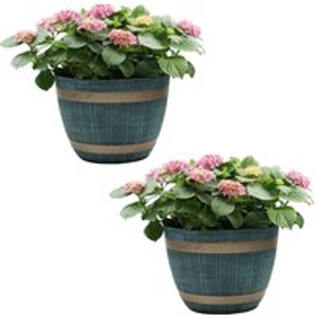 Gr8 Garden 2x Large Blue Rustic Style Plastic Half Barrel Cask Planter Flower Plant Pot Set, Blue