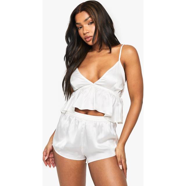 Womens Bridal Satin Cami Top & Shorts Pyjama Set - White - 10