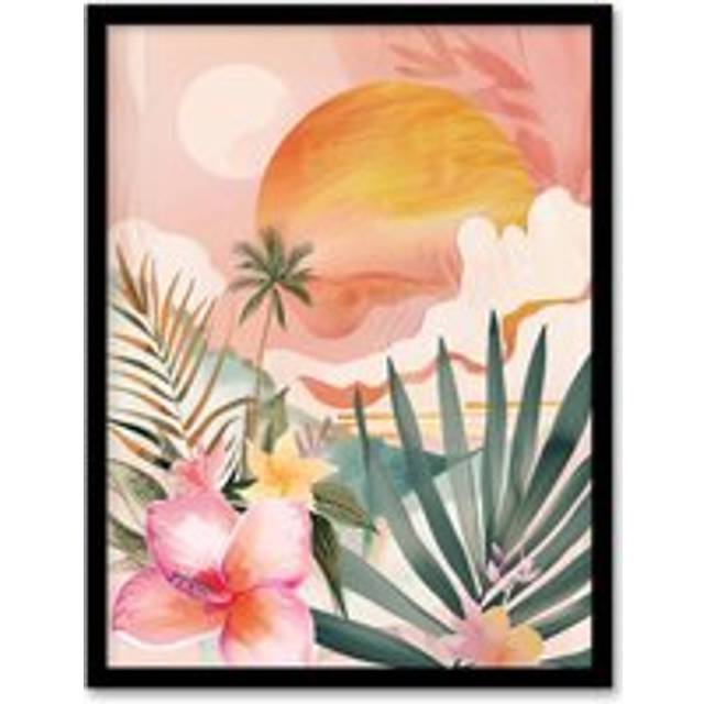 Tropical Pink Beach Sunset Palm Orchids Abstract Framed Art Print - W12 inch x H16 inch