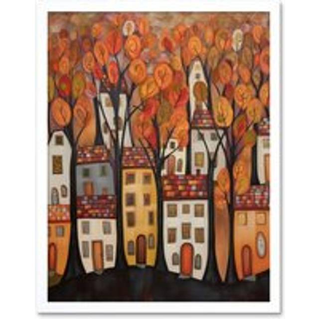 Wall Art Print Cityscape With Trees In Autumn Contemporary Folk Art Painting Art Framed - White - W12 inch x H16 inch