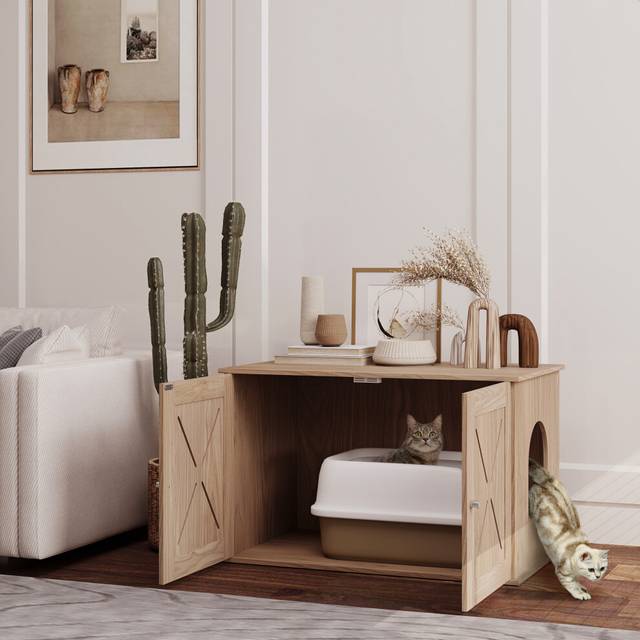 PawHut Cat Litter Box Enclosure, Litter Box Furniture, Walnut Brown