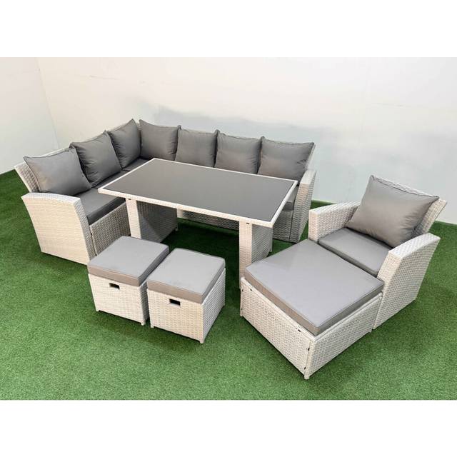 Fimous 10 Seater Wicker Rattan Corner Sofa Sets Outdoor Garden Furniture Sets with Rectangular Dining Table Lounge Sofa 3 Footstools Armchair Light