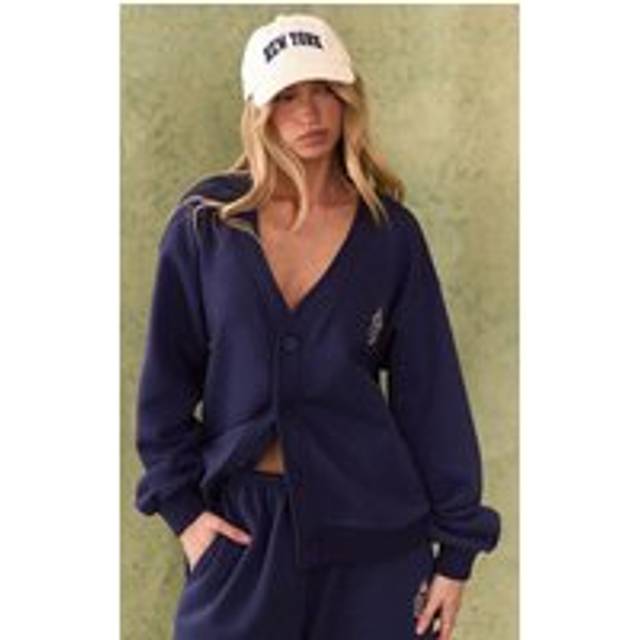 Navy Embroidered Boxy Sweat Cardigan, Blue - XS
