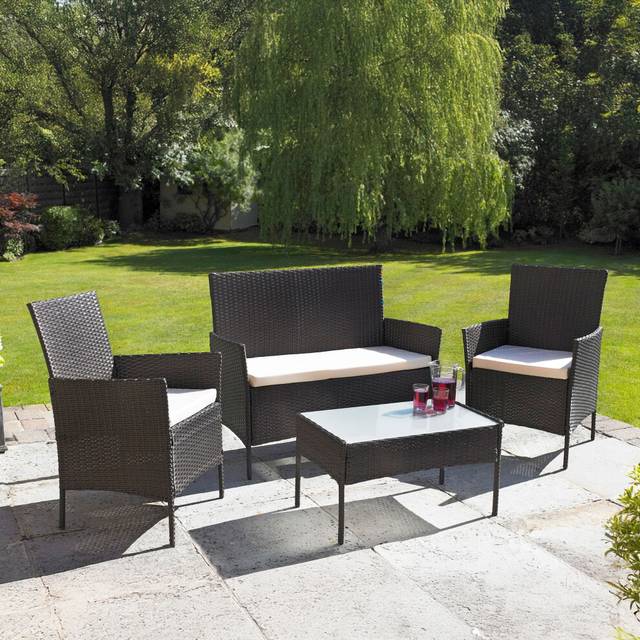 4 Piece Rattan Outdoor Furniture Garden Sofa Set - Brown - One Size