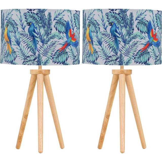 Set of 2 modern light oak table lamp bedside lights wood tripod parrot shades