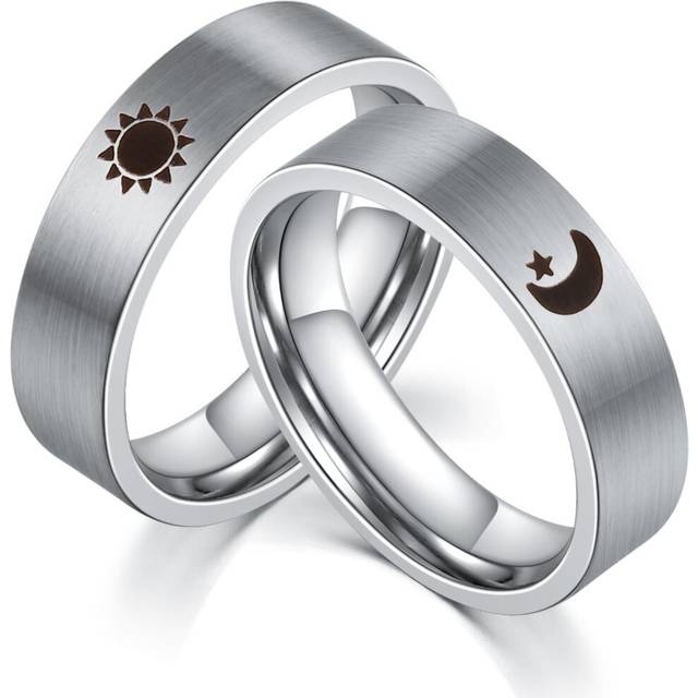 (11, Star) Promise Rings for Couples, 6MM Stainless Steel Sun and Moon Star Ring for Men and Women, Matching Wedding Band