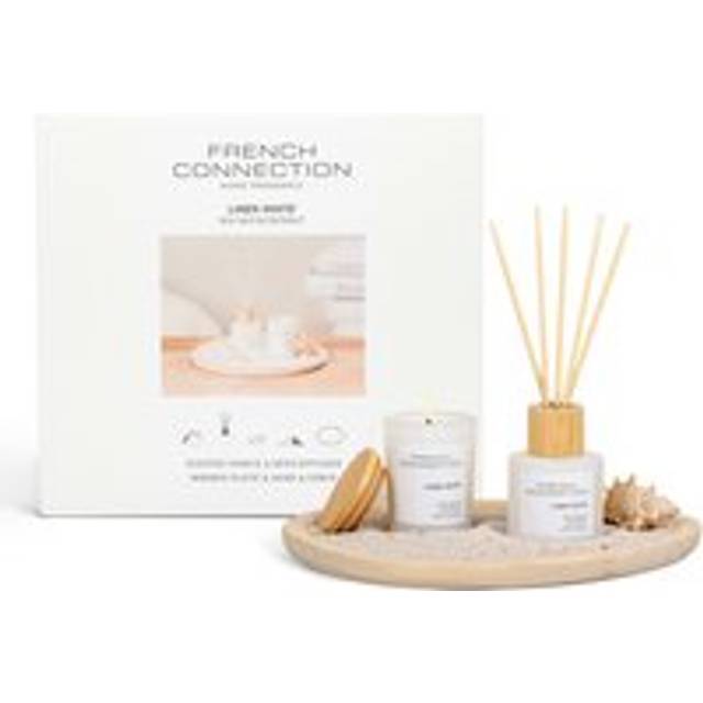 Home Fragrance Gift Set White Linen, Scented Candle & Reed Diffuser with Wooden Plate, Sand & Conch, Coastal Sea Salt & Coconut Scent - 2 Pack