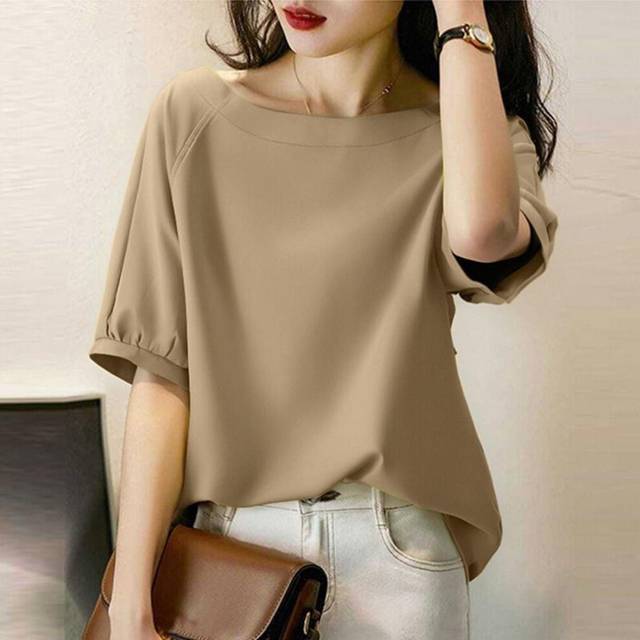 (3XL, khaki) ZANZEA Women Summer Boat Neck Half Sleeve Blouses