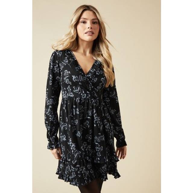 Dorothy perkins womens mini dress black floral v neck ruffle long sleeve
