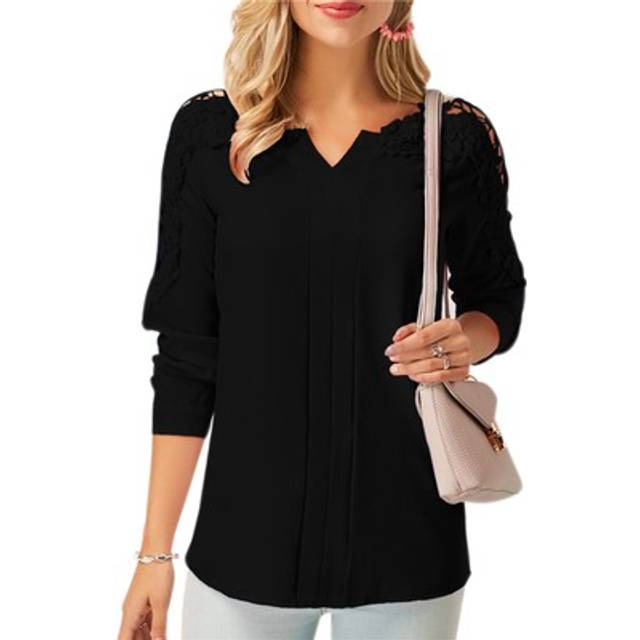 Women solid long sleeve v-neck stitching lace elegant chiffon blouse ladies1840
