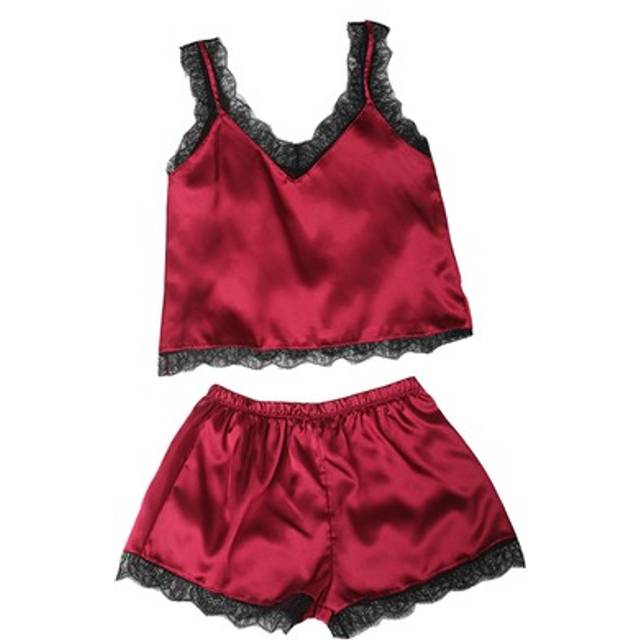 Women Sleepwear Pajama Set Lace Satin Top And Shorts Pajama Set Fall Red4518