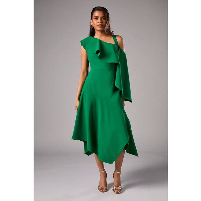 Petite One Shoulder Ruffle Crepe Midi Wedding Guest Dress - Green - 6