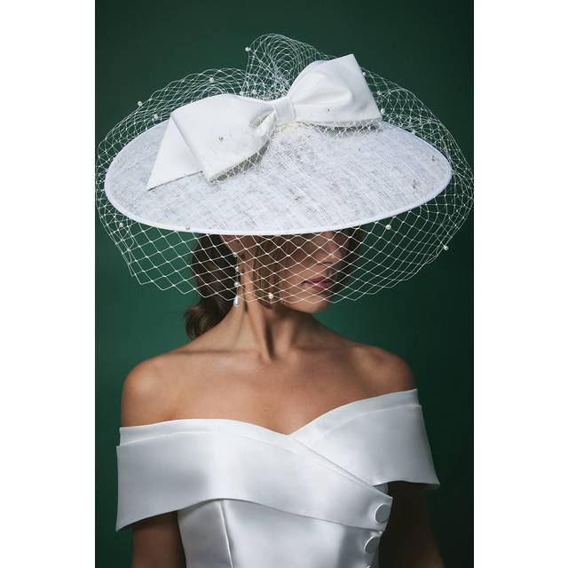 Lisa Tan Bridal Bow Detail Wide Brim Fascinator with Pearl Veil - Ivory - One Size