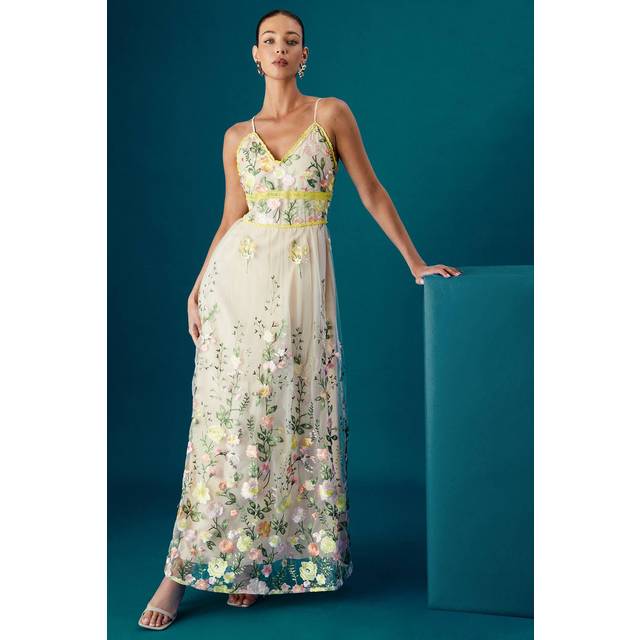 Coast Muse Strappy Flower Embroidery V Neck Maxi Dress - Nude - 16