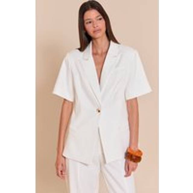 White Shortsleeve Boxy Single Breasted Blazer, White - 10