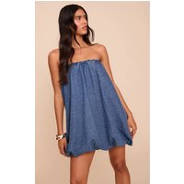 Mid Blue Wash Strapless Balloon Mini Dress, Mid Blue Wash - 14