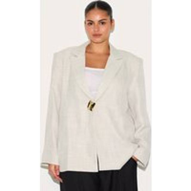 Plus Beige Button Detail Linen Boxy Blazer, Camel - 24