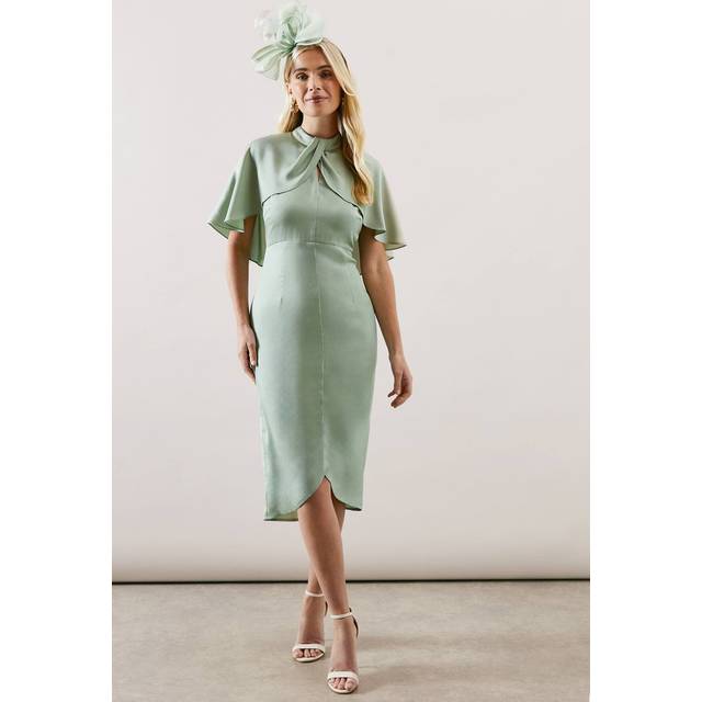 Womens Petite Satin Cape Sleeve Keyhole Dress - Sage - 12