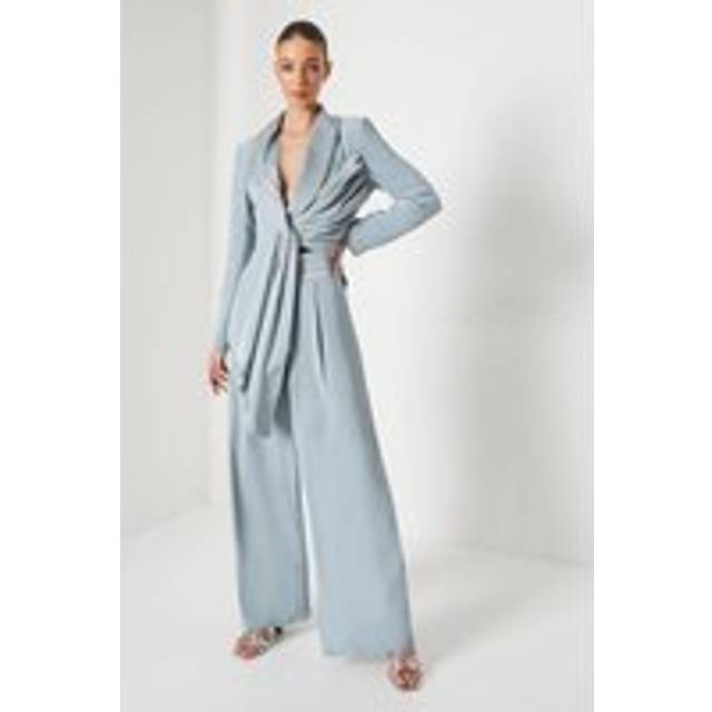 Wide Leg Trouser With Satin Pleated Waistband - Grey Blue - 14