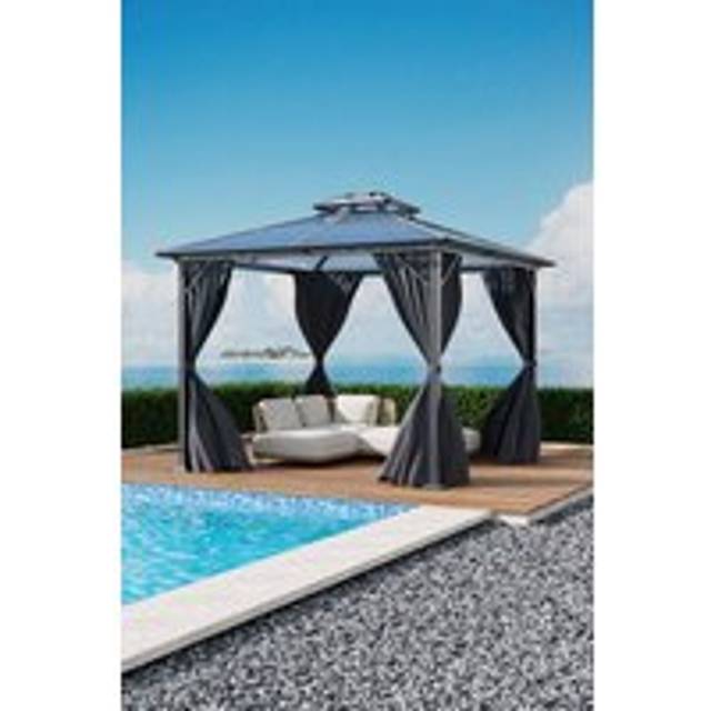 10/12 x 10FT Metal Frame Hardtop Patio Gazebo with Curtains - Dark Grey - Large