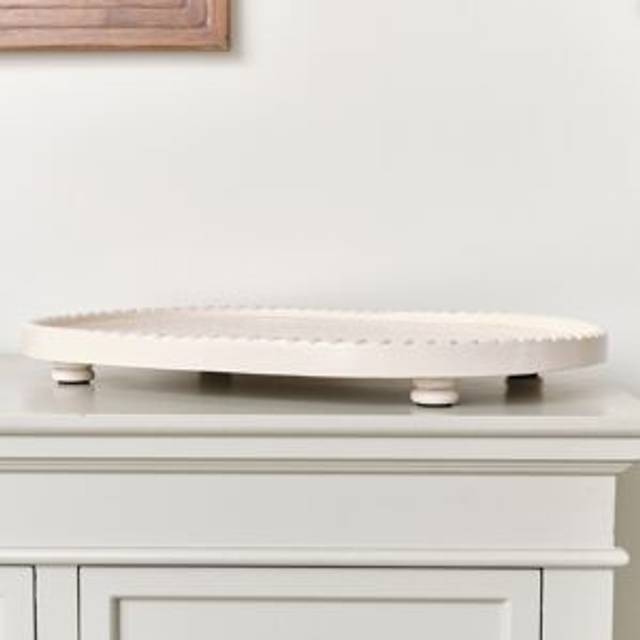Large Oval Pink Painted Wooden Detailed Tray - 52cm Material: New Products