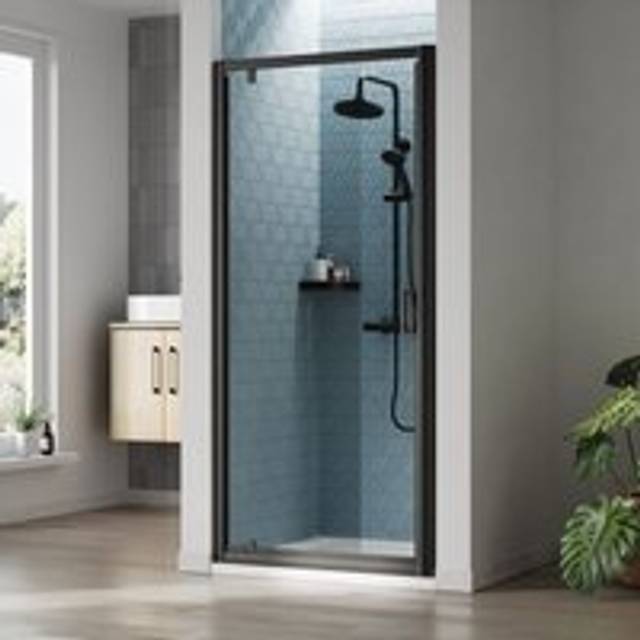 Ruwa 6mm Toughened Safety Glass Reversible Pivot Shower Door - 1900 x 900mm - Matt Black - Balterley