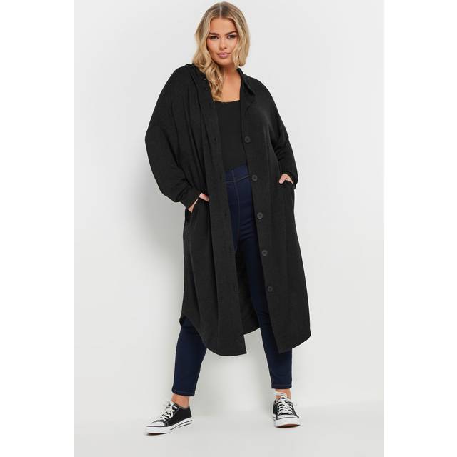 Yours Curve Black Button Through Hooded Maxi Cardigan, Women's Curve & Plus Size, Yours - 22-24