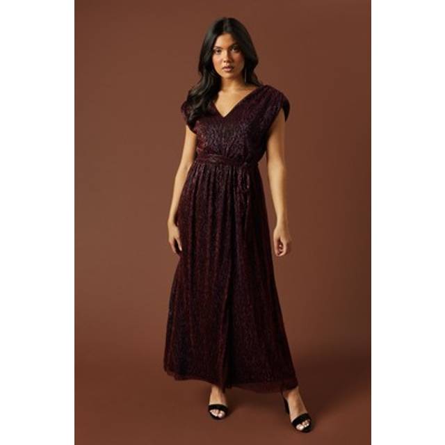 Oasis womens maxi dress berry plisse metallic v neck side split elegant