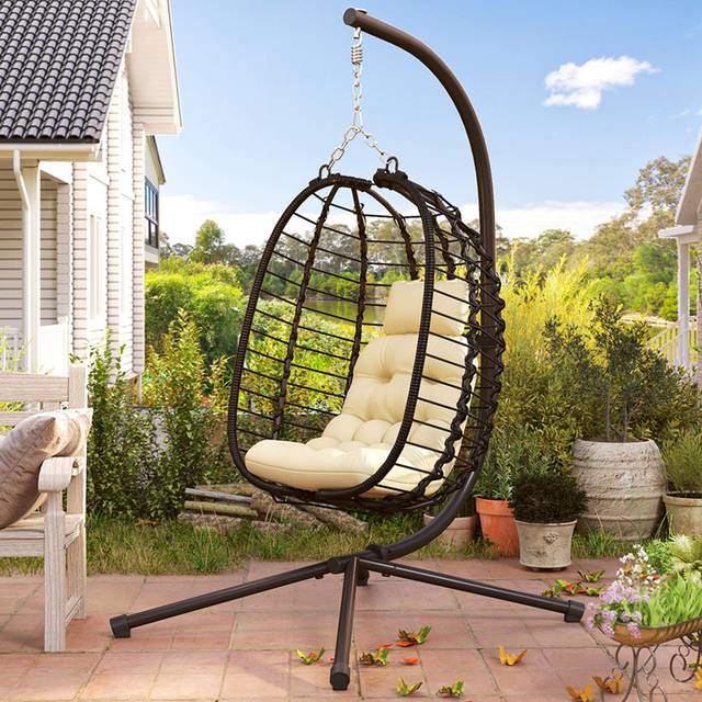 Outsunny Rattan Hanging Egg Chair w/ Stand, Cushion, Headrest, Cream White
