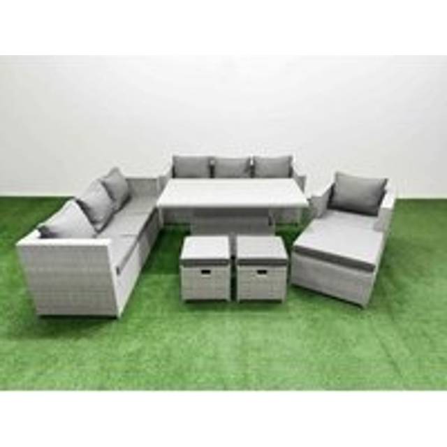 6 PCs Rising Dining Table Set Rattan Furniture Set with 3 Seater Sofa - Light Grey - One Size