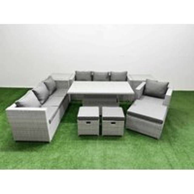 Fimous 8 PCs Rising Dining Table Set Rattan Furniture Set with 3 Seater Sofa Chair 3 Footstools 2 Side Tables Light Grey