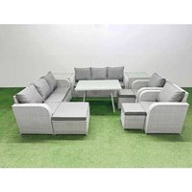 Fimous Rattan High Back Lounge Sofa Set Patio Dining Table & Chairs Set with 3 Seater Sofa 2 Reclining Chairs 2 Side Tables 3 Stool Light Grey