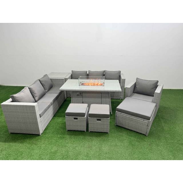 Fimous 10 Seat PE Rattan Lounge Sofa Set Outdoor Garden Furniture Set with Firepit Dining Table 3 Seater Sofa 3 Stools Light Grey