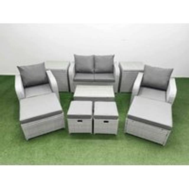 Fimous 10 PCs Rectangular Coffee Table Set Reclining Chair Inclining Sofa Seat 2 Side Tables 2 Big Footstool Light Grey