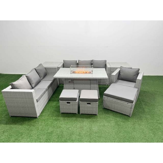 Fimous - 10 Seat pe Rattan Lounge Sofa Set Outdoor Garden Furniture Set with Firepit Dining Table 3 Seater Sofa 3 Stools 2 Side Tables Light Grey