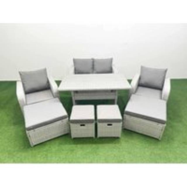 Fimous PE Rattan Lounge Sofa Set 8 Seater Outdoor Garden Furniture Set with Dining Table Love Sofa 2 Big Footstools 2 Side Tables Light Grey