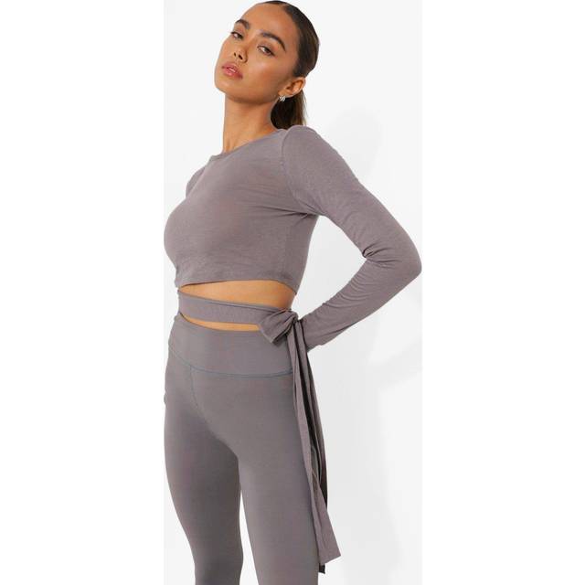 Womens Yoga Tie Wrap Active Top With Peached Finish - Grey - 14, Grey