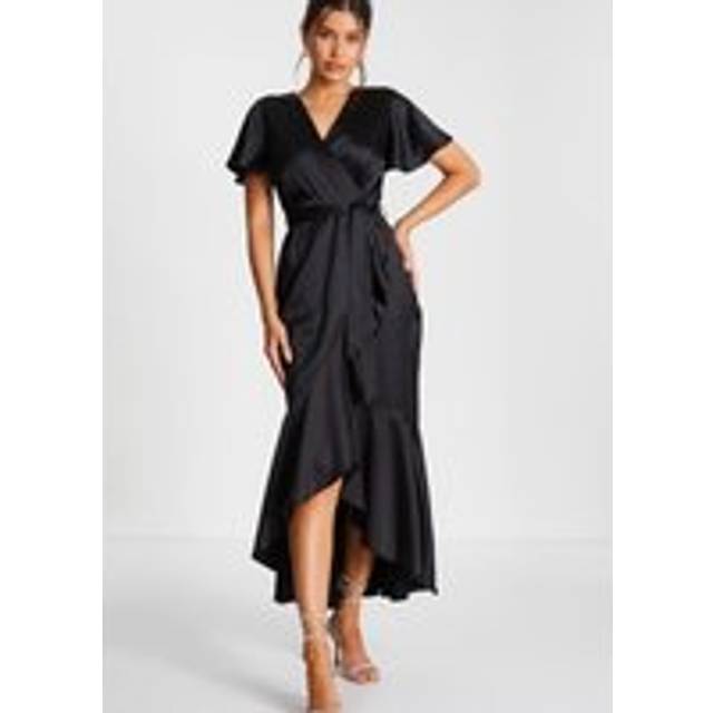 Womens Black Satin Wrap Maxi Dress - 8
