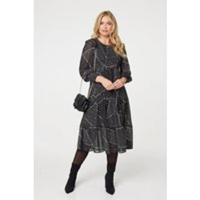 Polka Dot Print Puff Sleeve Midi Dress - Black - 8