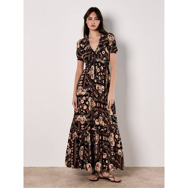 Womens Scarf Print Smocked Maxi Dress - Black - 10