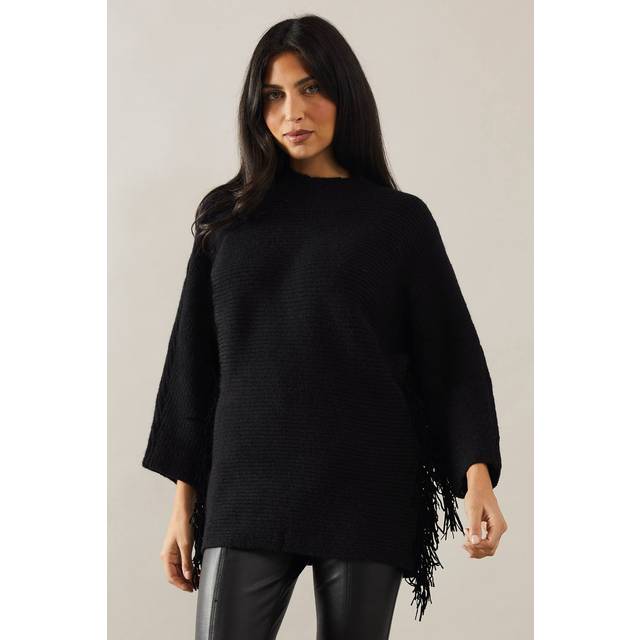 Wallis Stitchy Fringe Batwing Jumper In Black - black