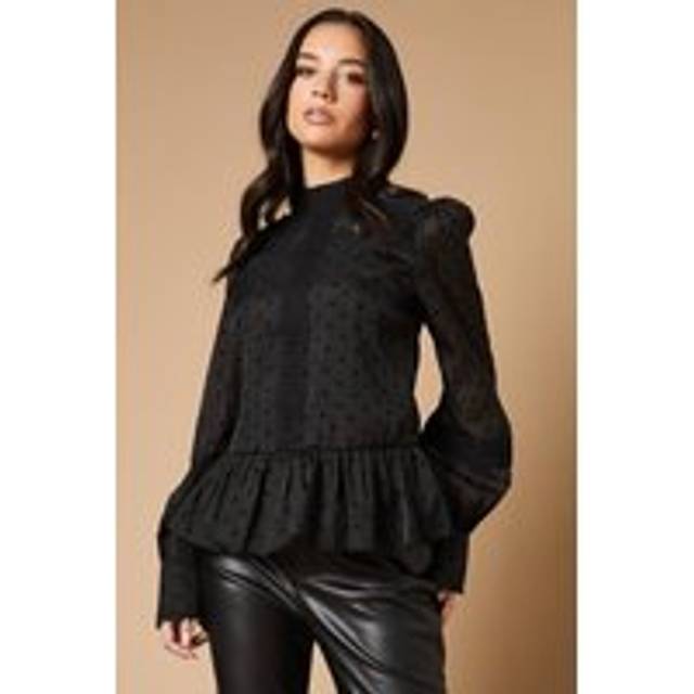 Oasis womens blouse black organza velvet spot lace trim long sleeve top