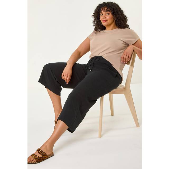 Linen Mix Cropped Trousers - Black - 18