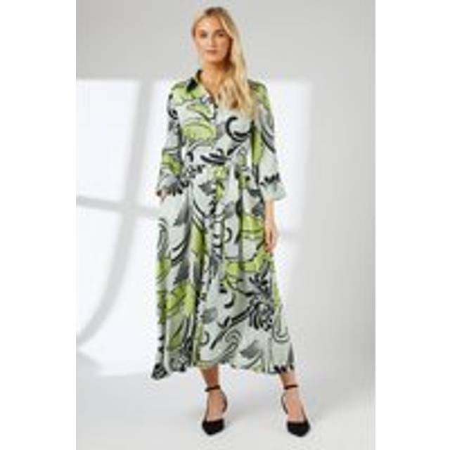 Leaf Print Belted Satin Shirt Dress - Pale Green - 10