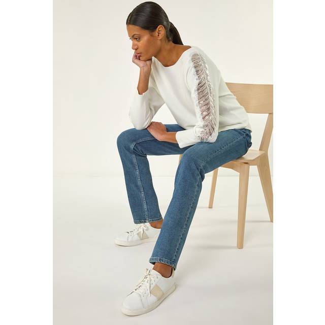 Roman Embellished Sleeve Knit Jumper In Ivory - One Size
