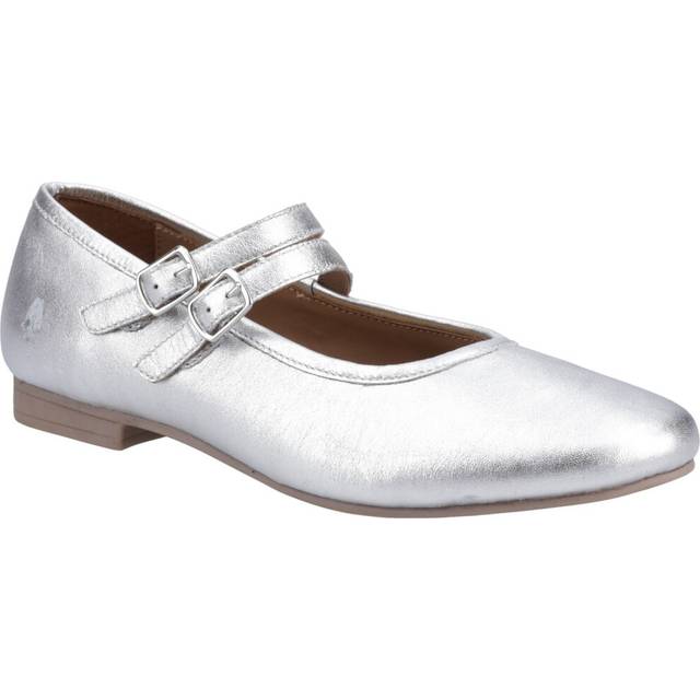 (Silver, 6 (Adults')) Hush Puppies Nancy Mary Jane Leather Women's Silver Flats