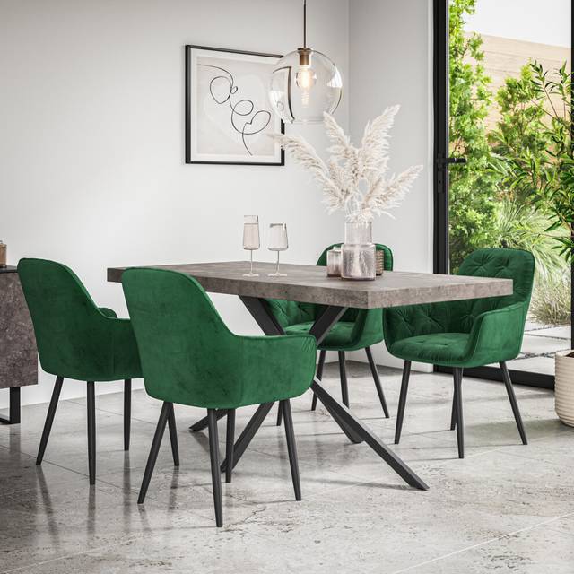 (Green) Donni Dining Table And Chairs - Concrete Effect Table w 4-6 Anika Velvet Chair