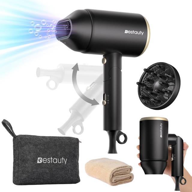 Bestauty Hair Dryer Travel Hair Dryer, Powerful Ionic Hairdryer with 3 Temperature Settings and Cool Button for Women & Men, Foldable Portable