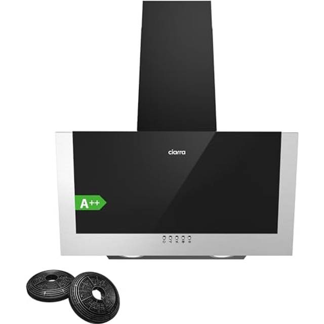 CIARRA CB6736CBK Angled Cooker Hood 60cm with CBCF002X2 Carbon Filters Recirculating & Ducting LED Lights Black Painting&Tempered Glass Wall Mounted