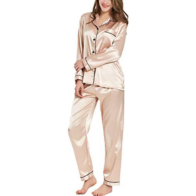 SWOMOG Womens Silk Satin Pajamas Long Sleeve Loungewear Two-piece Sleepwear Button-Down Pj Set Champagne